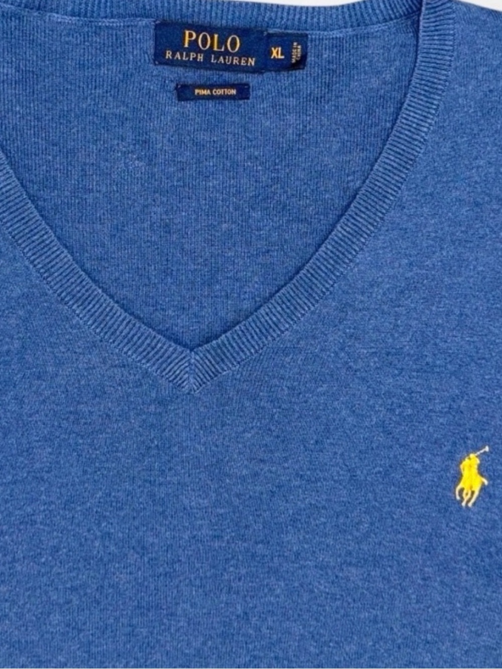 Polo Ralph Lauren Pima Cotton V-Neck Sweater XL Blue Yellow Pony